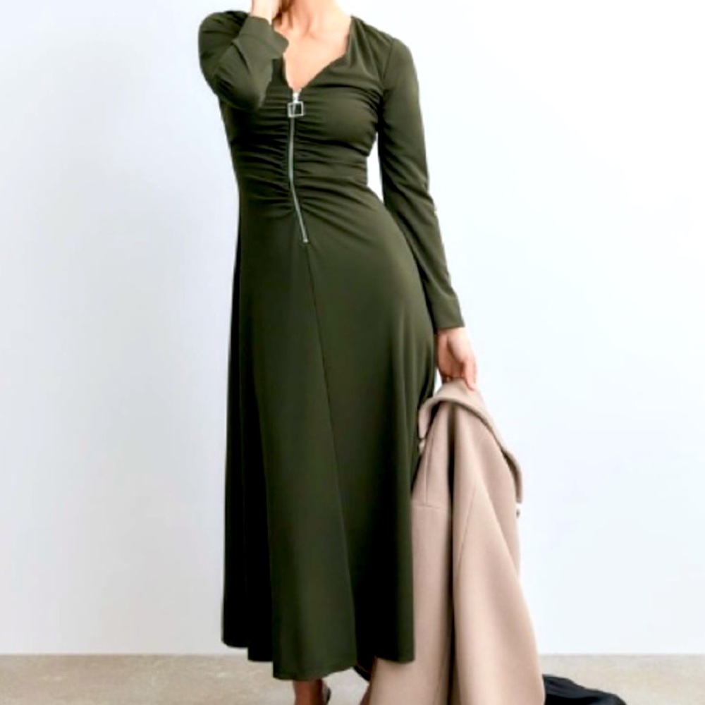 Zara Olive Zippered Front Midi Dress
